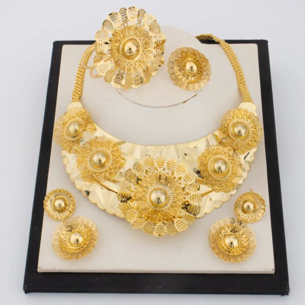 African Luxury Jewelry Set Big Necklace Dubai Ethiopian Gold Color Earring Bracelet ring For Women Bridal Choker Wholesale