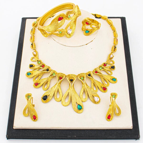 Dubai Luxury Gold Colour 4Pcs Jewelry Set Colored Gemstones Necklace Earrings Bracelet Ring Gift for Women's Day Party Wedding
